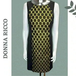 Black Metallic Gold Sleeveless Midi Dress Hourglass Silhouette Honeycomb Size 8